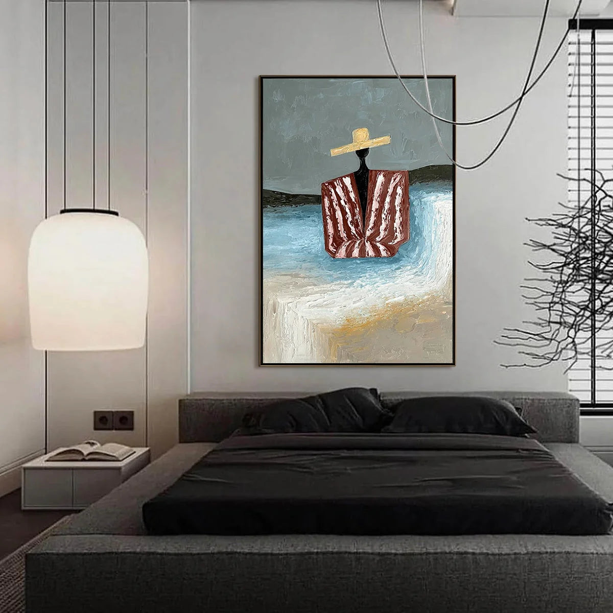 SEASIDE REVERIE: Textured Abstract Figurative Painting by the Sea | gold frame stretched on neutral wall