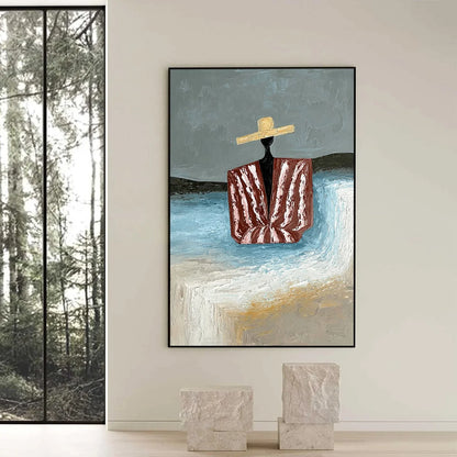 SEASIDE REVERIE: Textured Abstract Figurative Painting by the Sea | black frame version on white wall