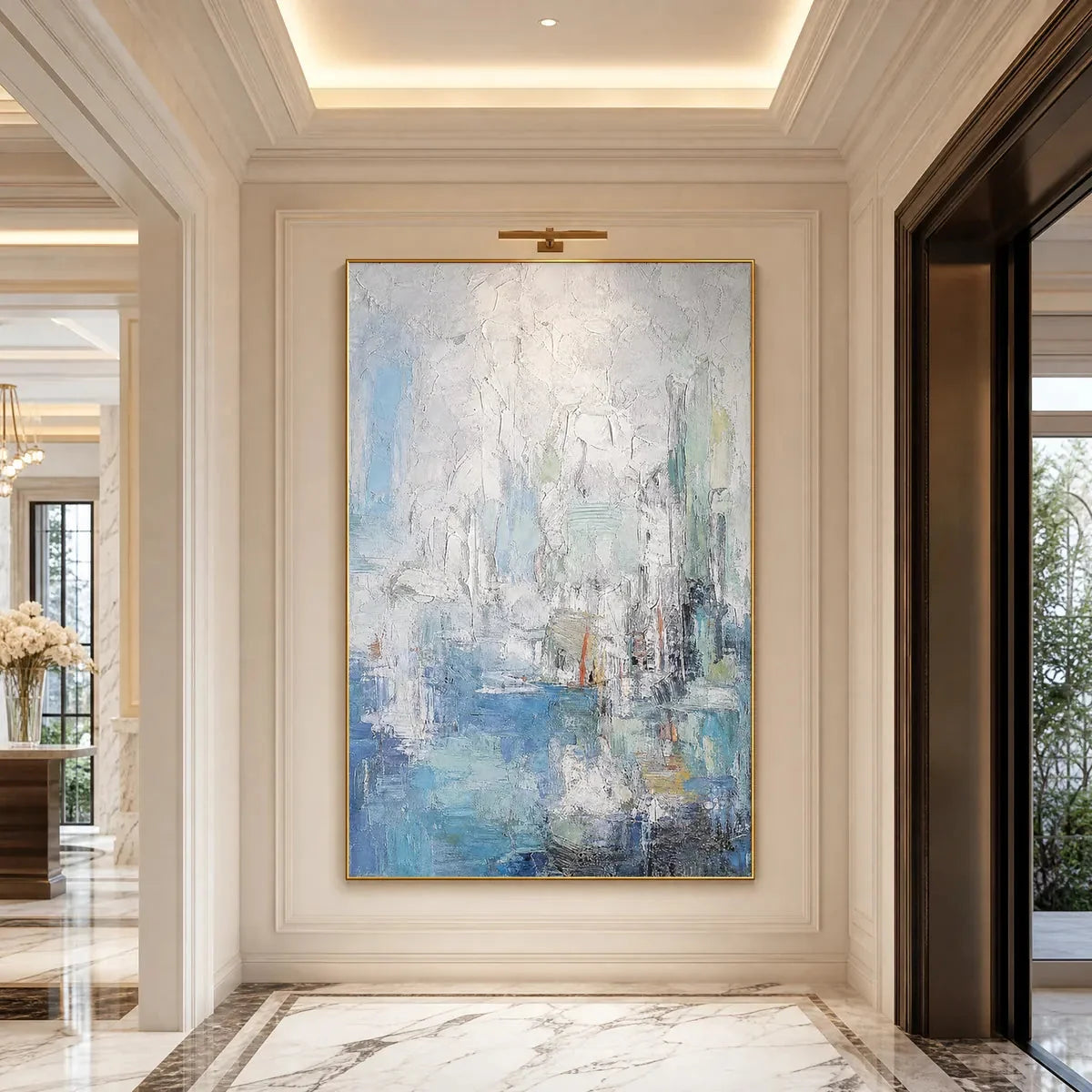 SEASIDE REVERIE: Textured Abstract Painting of a Coastal City | gold frame stretched on neutral wall