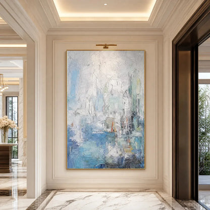 SEASIDE REVERIE: Textured Abstract Painting of a Coastal City | gold frame stretched on neutral wall