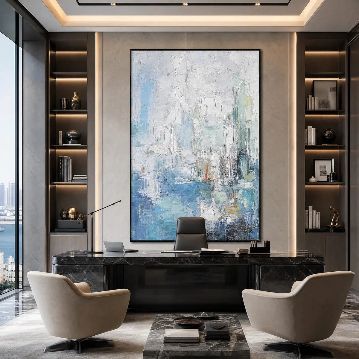 SEASIDE REVERIE: Textured Abstract Painting of a Coastal City | rolled canvas, ready for custom framing