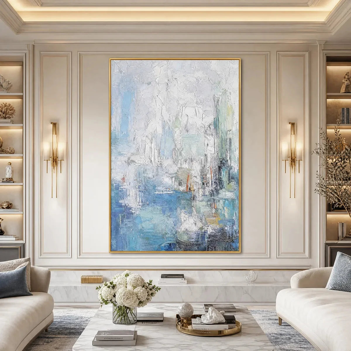 SEASIDE REVERIE: Textured Abstract Painting of a Coastal City | Abstract mood, soft natural light studio shot