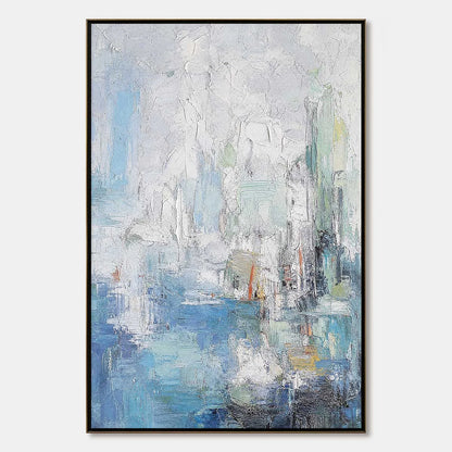 SEASIDE REVERIE: Textured Abstract Painting of a Coastal City | hanging in living room, Abstract wall art