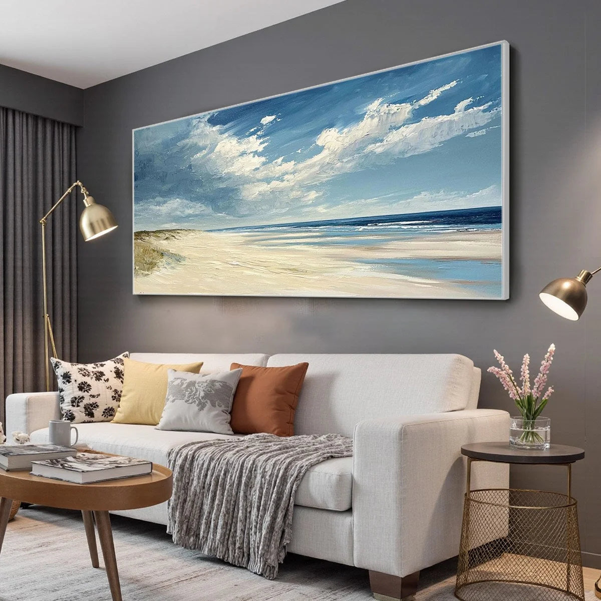 SEASIDE SERENITY: Textured Coastal Beach Oil Painting | gold frame stretched on neutral wall