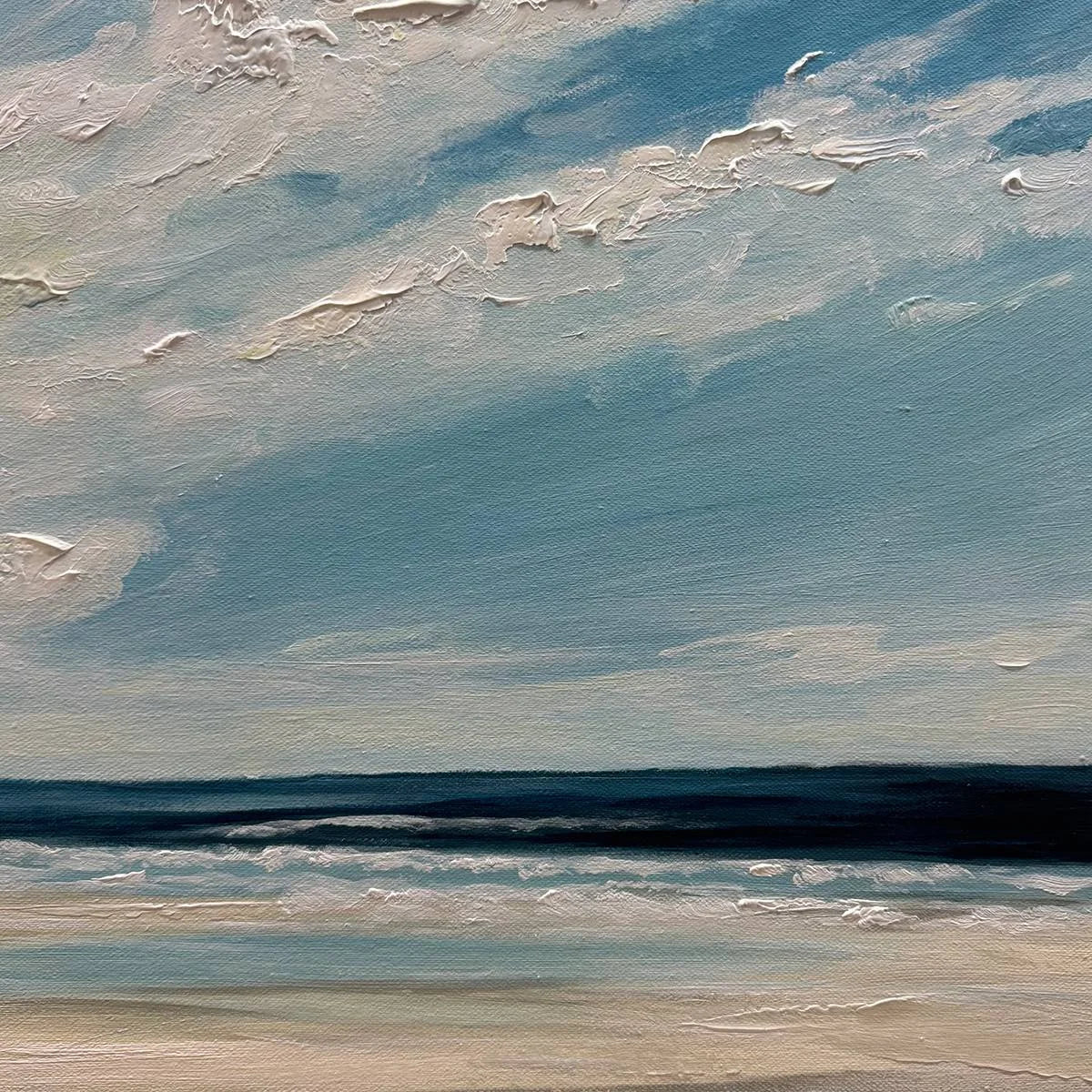 SEASIDE SERENITY: Textured Coastal Beach Oil Painting | black frame version on white wall