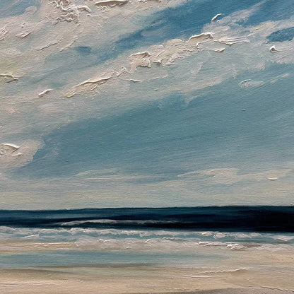 SEASIDE SERENITY: Textured Coastal Beach Oil Painting | black frame version on white wall