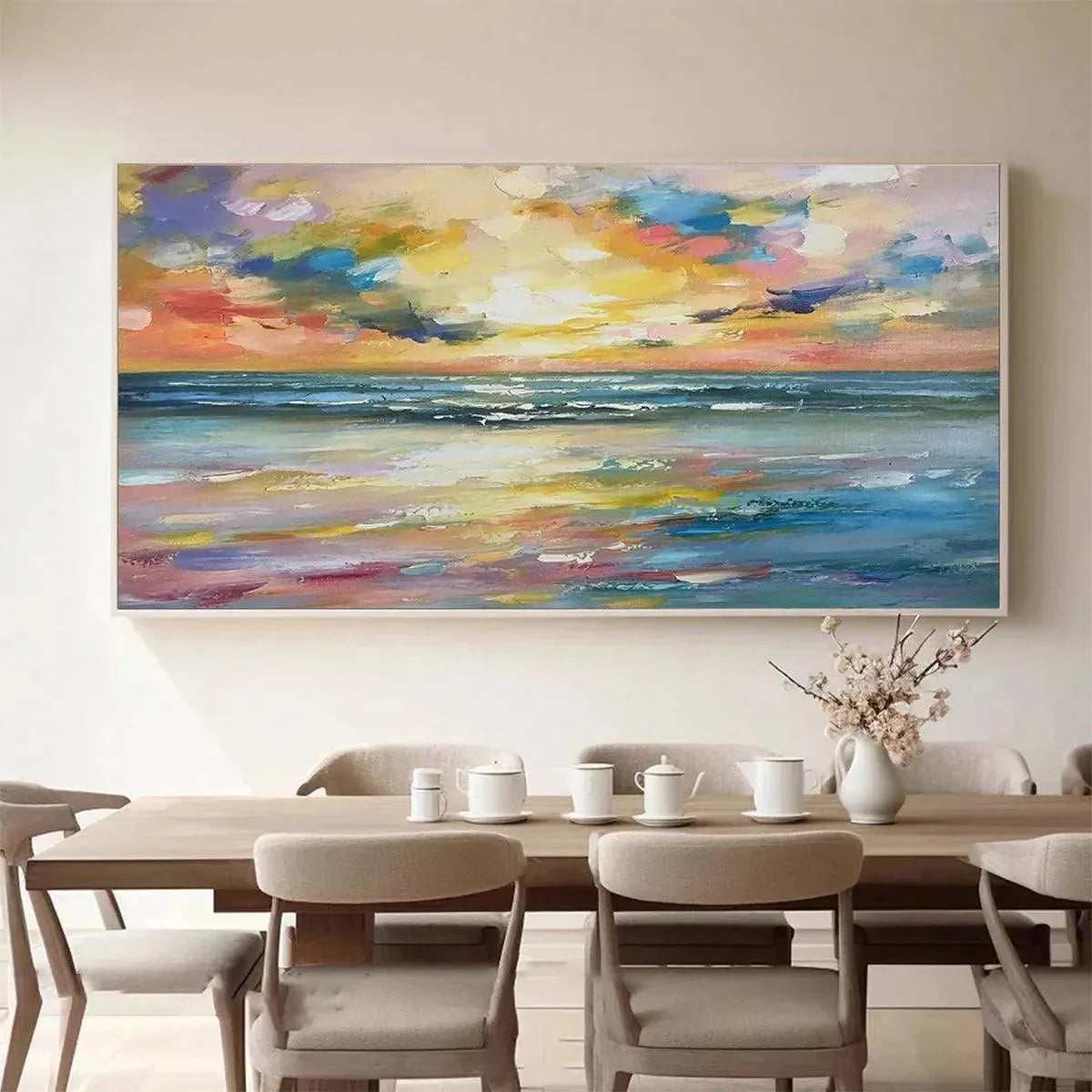 SEASIDE SUNSET SERENADE: Ocean Painting, Impasto Texture, Sunset Beach, Panoramic Wall Art, Horizontal Canvas | Abstract closeup, raised brushwork detail