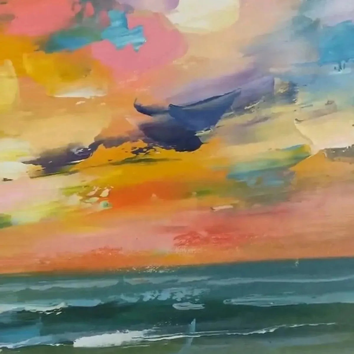 SEASIDE SUNSET SERENADE: Ocean Painting, Impasto Texture, Sunset Beach, Panoramic Wall Art, Horizontal Canvas | rectangular format, hand-painted canvas edge