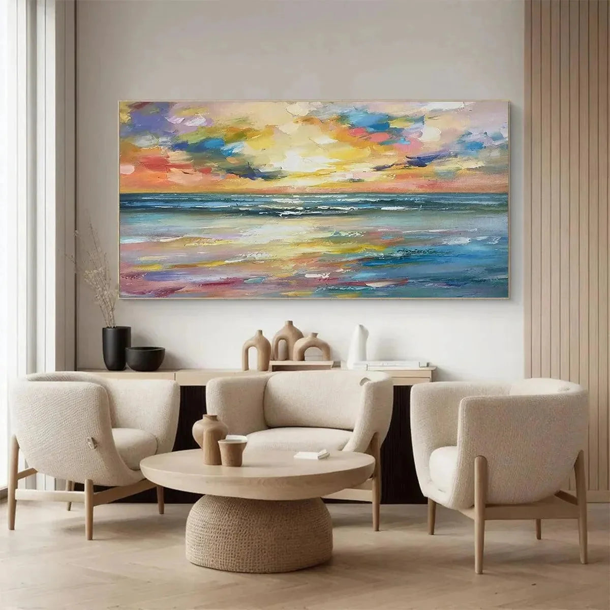 SEASIDE SUNSET SERENADE: Ocean Painting, Impasto Texture, Sunset Beach, Panoramic Wall Art, Horizontal Canvas | gold frame stretched on neutral wall