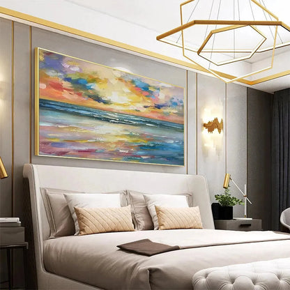SEASIDE SUNSET SERENADE: Ocean Painting, Impasto Texture, Sunset Beach, Panoramic Wall Art, Horizontal Canvas | rolled canvas, ready for custom framing