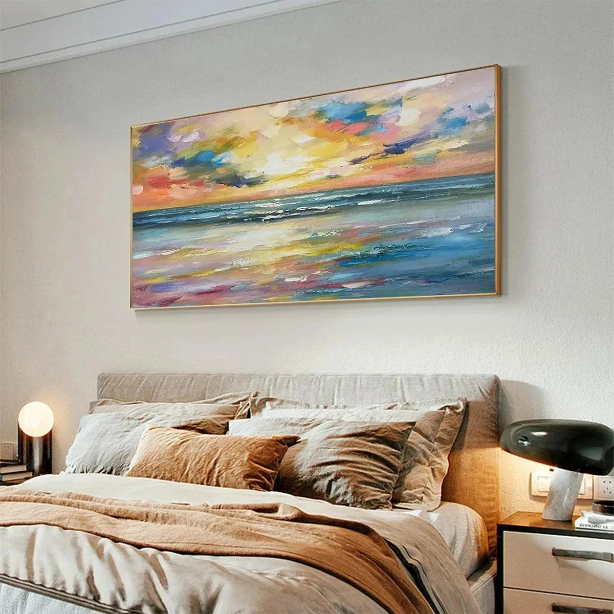 SEASIDE SUNSET SERENADE: Ocean Painting, Impasto Texture, Sunset Beach, Panoramic Wall Art, Horizontal Canvas | black frame version on white wall