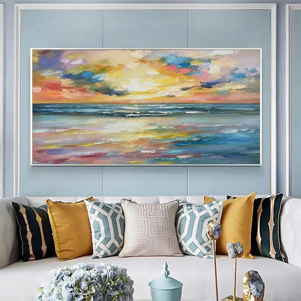 SEASIDE SUNSET SERENADE: Ocean Painting, Impasto Texture, Sunset Beach, Panoramic Wall Art, Horizontal Canvas | Abstract mood, soft natural light studio shot