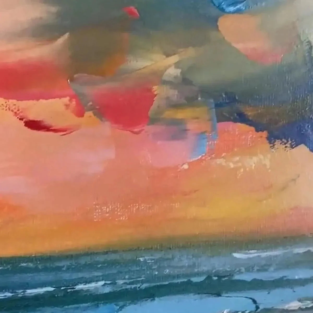 SEASIDE SUNSET SERENADE: Ocean Painting, Impasto Texture, Sunset Beach, Panoramic Wall Art, Horizontal Canvas | multi-color palette, original oil on stretched canvas art