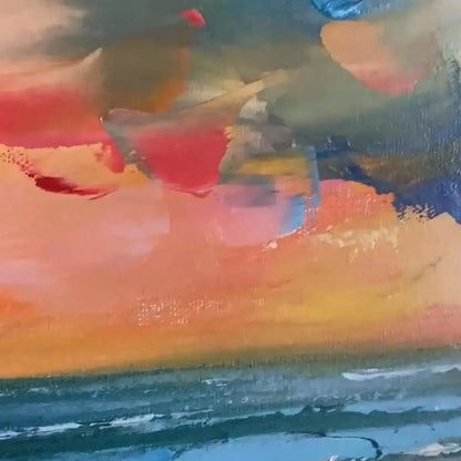 SEASIDE SUNSET SERENADE: Ocean Painting, Impasto Texture, Sunset Beach, Panoramic Wall Art, Horizontal Canvas | multi-color palette, original oil on stretched canvas art