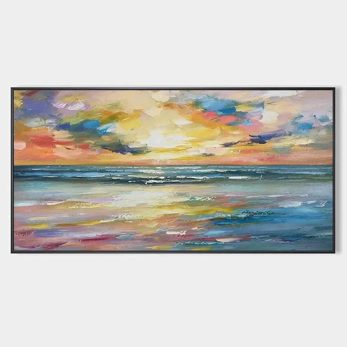 SEASIDE SUNSET SERENADE: Ocean Painting, Impasto Texture, Sunset Beach, Panoramic Wall Art, Horizontal Canvas | hanging in living room, Abstract wall art