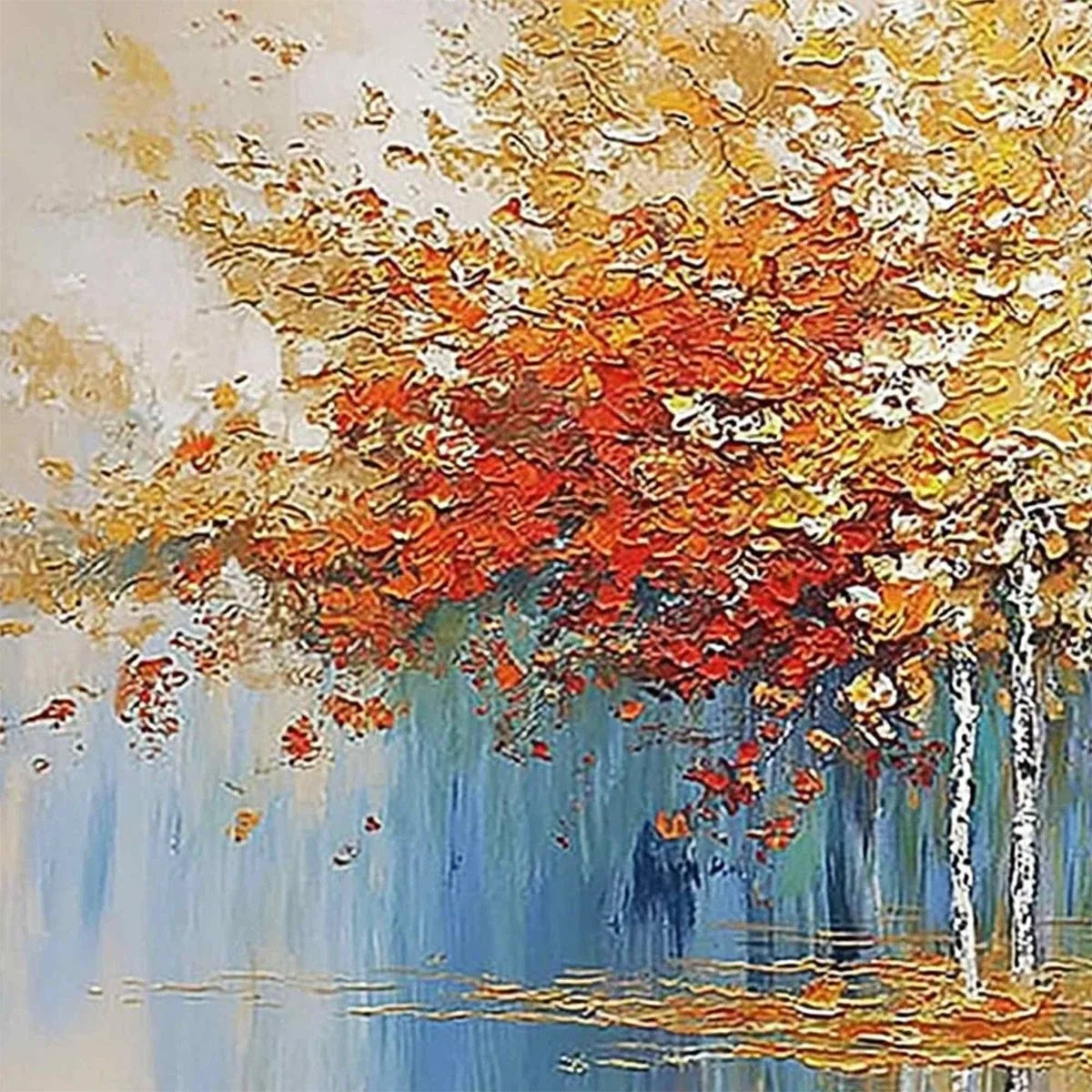 SEASONAL EMBRACE: Textured Palette Knife Forest Reflection Painting | rectangular format, hand-painted canvas edge