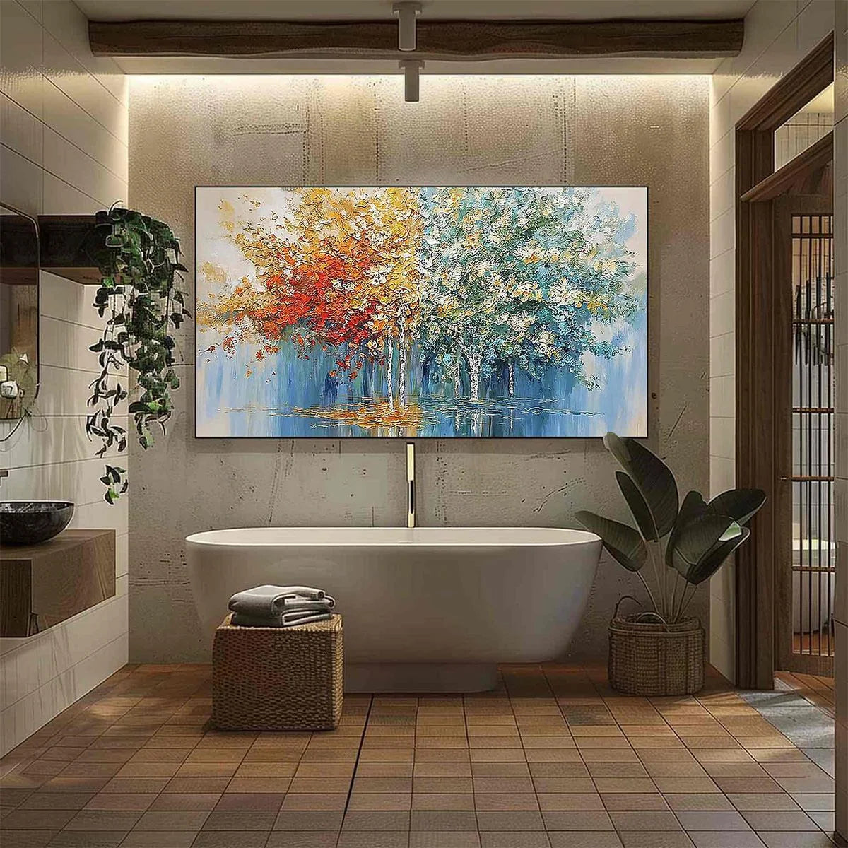 SEASONAL EMBRACE: Textured Palette Knife Forest Reflection Painting | gold frame stretched on neutral wall