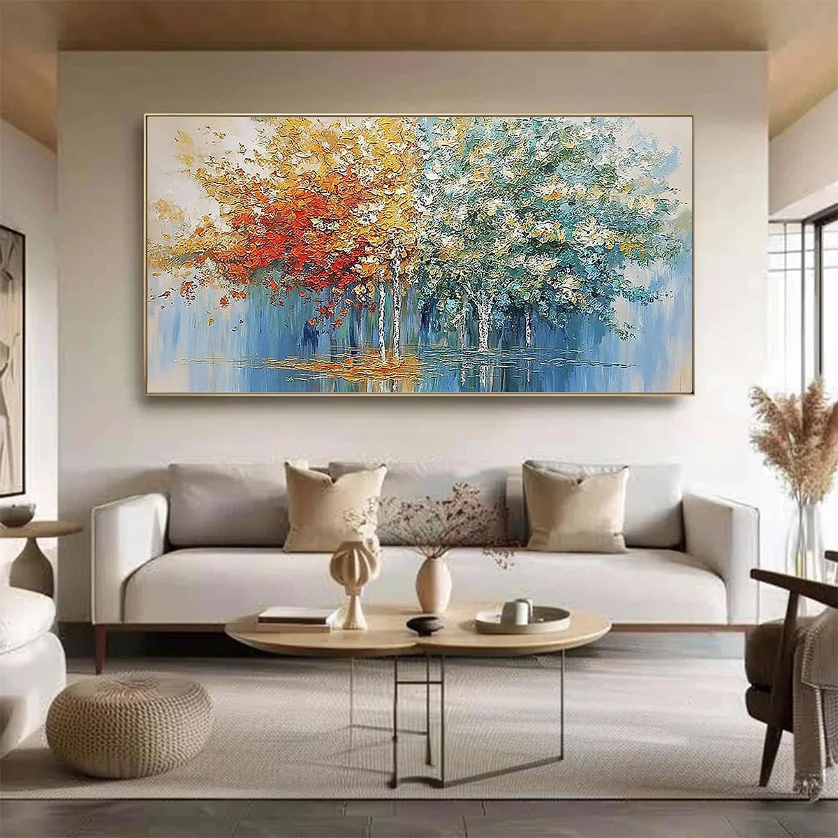 SEASONAL EMBRACE: Textured Palette Knife Forest Reflection Painting | black frame version on white wall