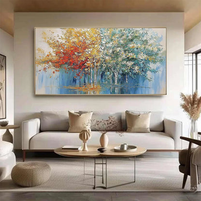 SEASONAL EMBRACE: Textured Palette Knife Forest Reflection Painting | black frame version on white wall