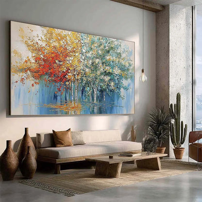 SEASONAL EMBRACE: Textured Palette Knife Forest Reflection Painting | green palette, original oil on stretched canvas art