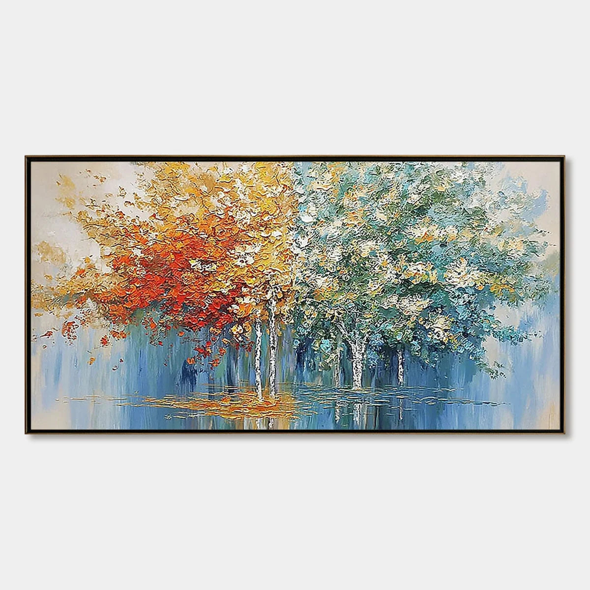 SEASONAL EMBRACE: Textured Palette Knife Forest Reflection Painting | hanging in living room, Figurative wall art