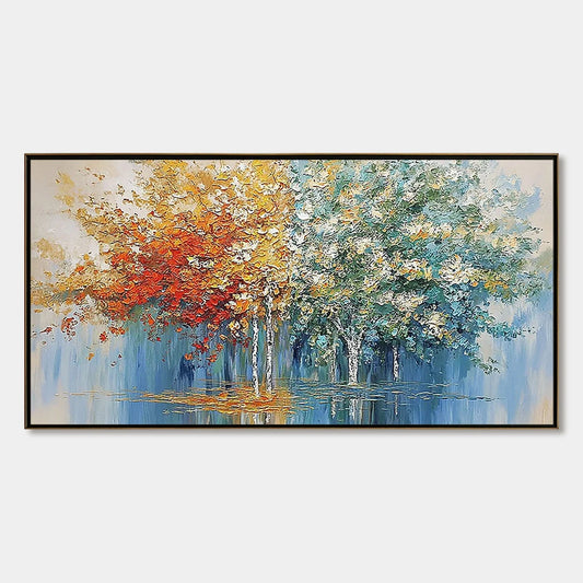 SEASONAL EMBRACE: Textured Palette Knife Forest Reflection Painting | hanging in living room, Figurative wall art