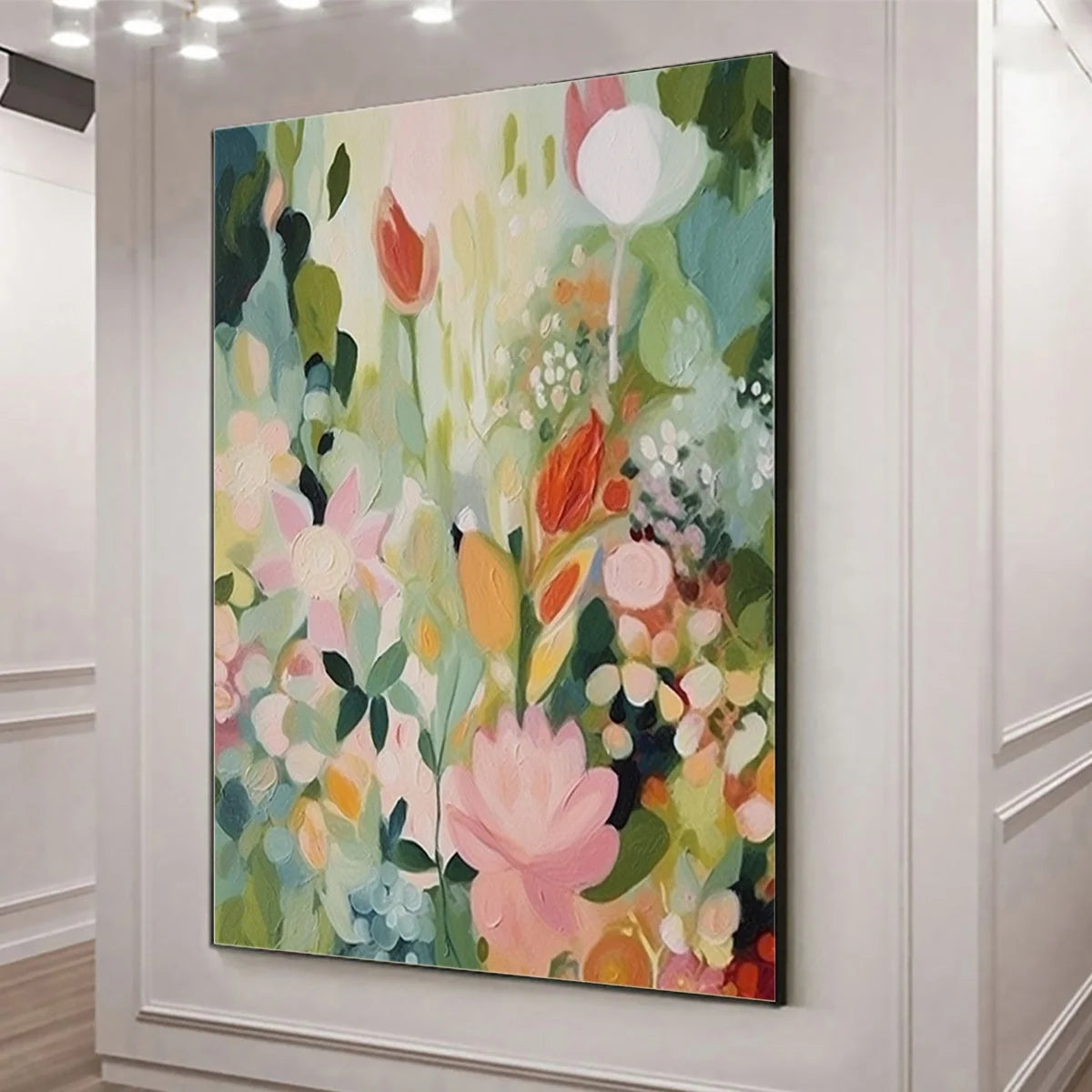 SECRET GARDEN: Dreamy Floral Oil Painting | gold frame stretched on neutral wall