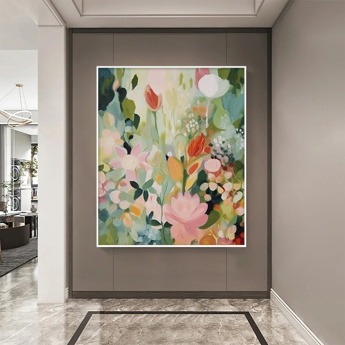 SECRET GARDEN: Dreamy Floral Oil Painting | black frame version on white wall
