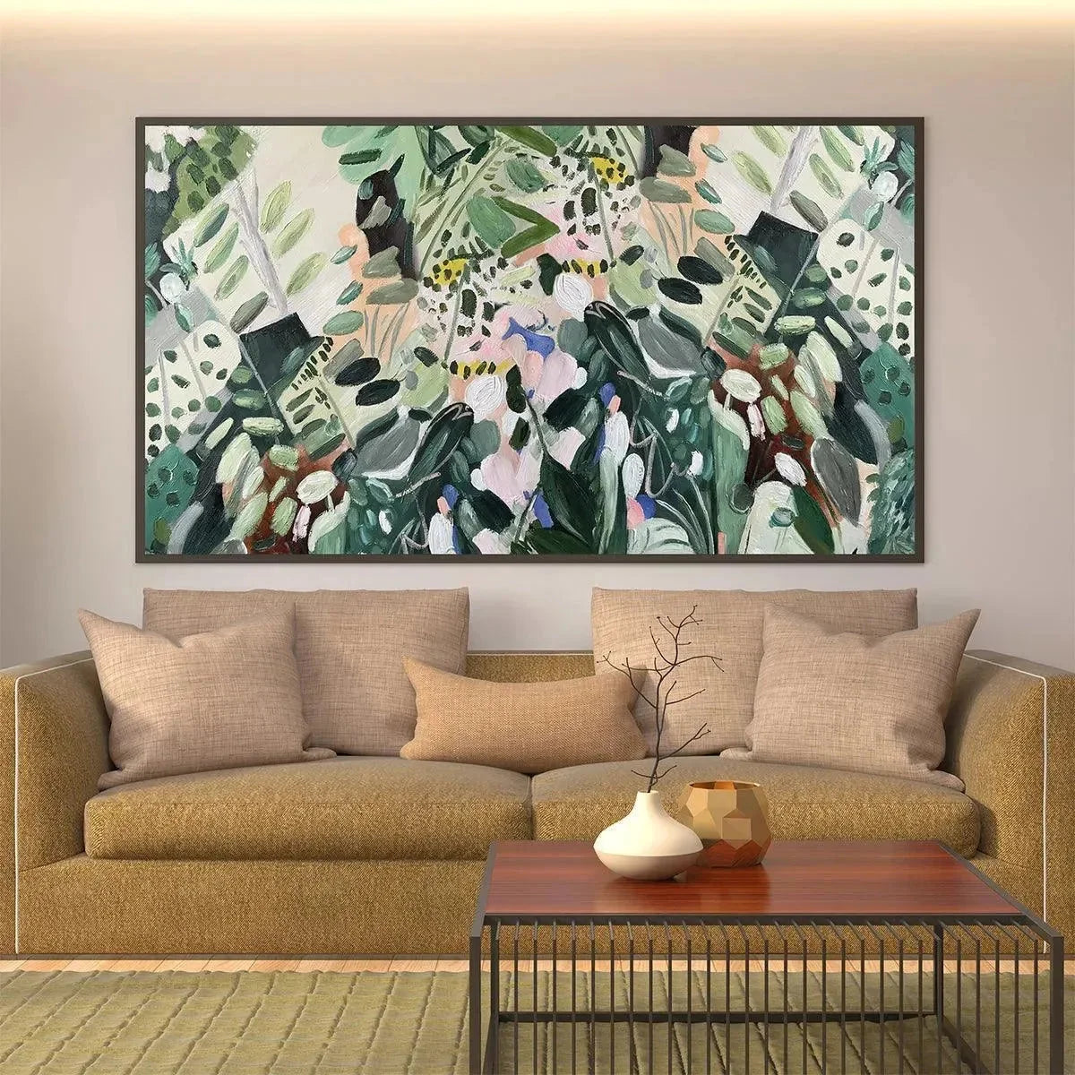 SECRET GARDEN: Panoramic Green Botanical Landscape Painting | Landscape closeup, raised brushwork detail