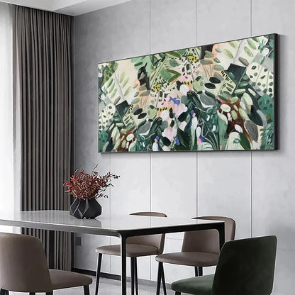 SECRET GARDEN: Panoramic Green Botanical Landscape Painting | gold frame stretched on neutral wall