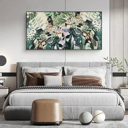 SECRET GARDEN: Panoramic Green Botanical Landscape Painting | black frame version on white wall