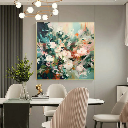 SECRET GARDEN: Square Impressionistic Floral Oil Painting in Soft Hues | Impressionist closeup, raised brushwork detail