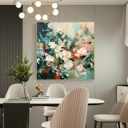 SECRET GARDEN: Square Impressionistic Floral Oil Painting in Soft Hues