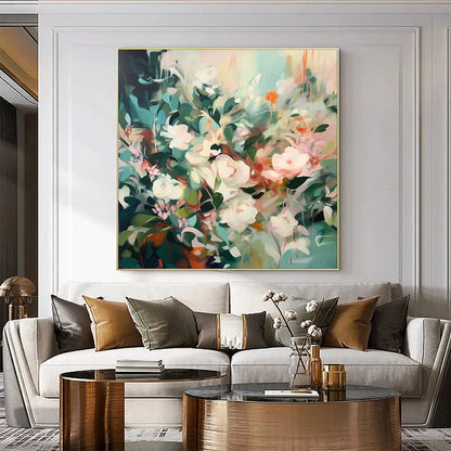 SECRET GARDEN: Square Impressionistic Floral Oil Painting in Soft Hues | gold frame stretched on neutral wall