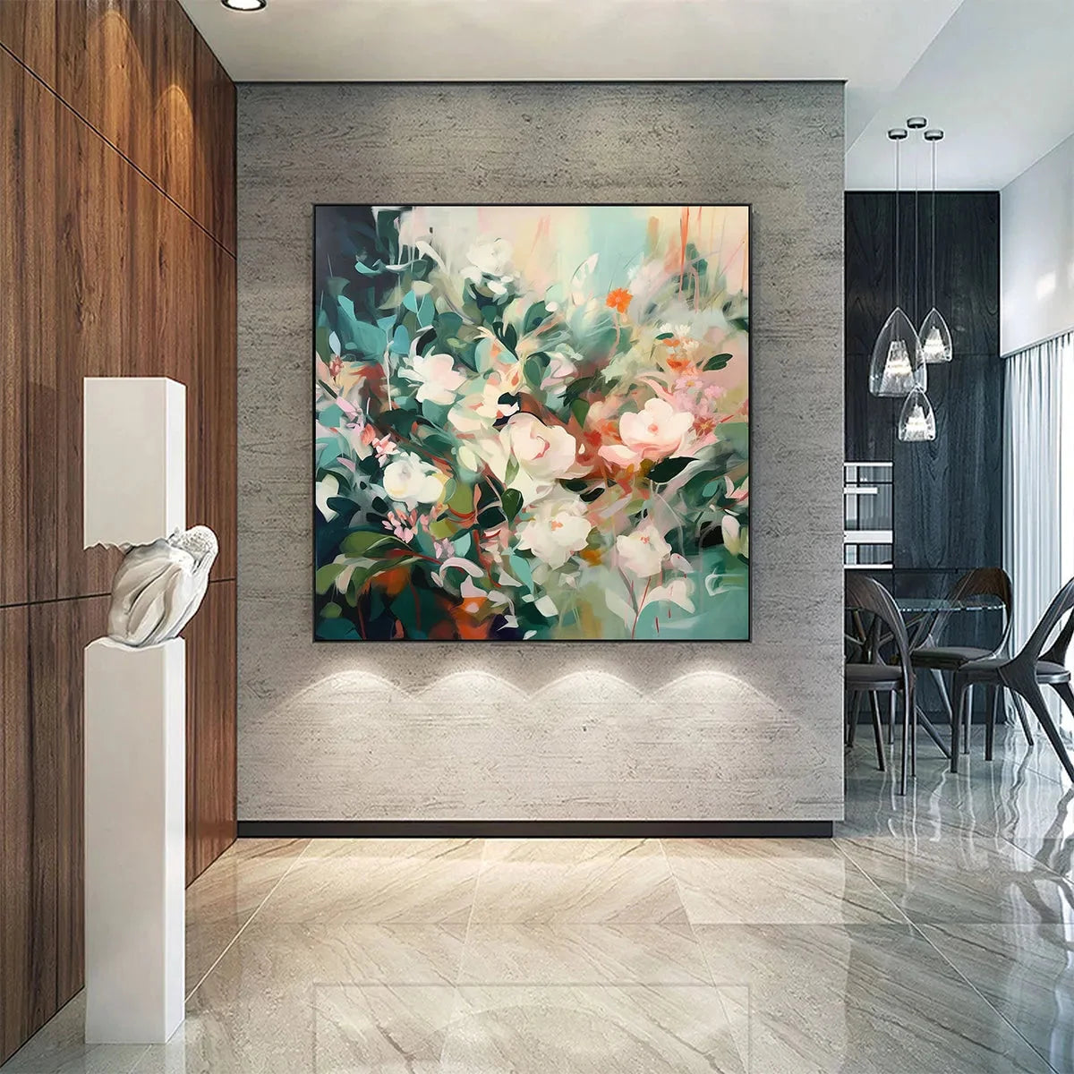 SECRET GARDEN: Square Impressionistic Floral Oil Painting in Soft Hues | rolled canvas, ready for custom framing