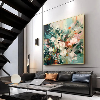 SECRET GARDEN: Square Impressionistic Floral Oil Painting in Soft Hues | black frame version on white wall