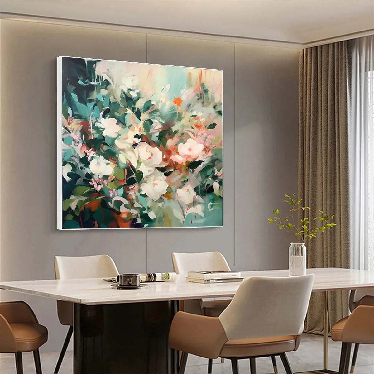 SECRET GARDEN: Square Impressionistic Floral Oil Painting in Soft Hues | Impressionist mood, soft natural light studio shot