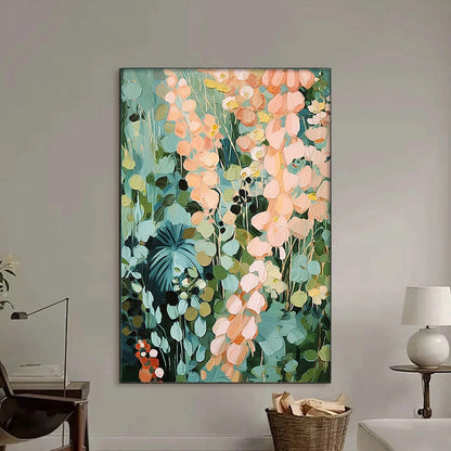 SECRET GARDEN: Vertical Abstract Floral Painting, Textured Green and Pink Garden, Living Room, Bedroom, Dining Room | Abstract closeup, raised brushwork detail