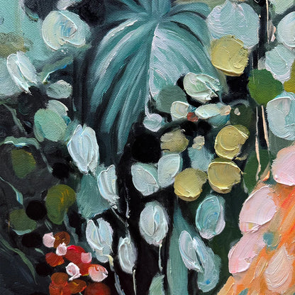 SECRET GARDEN: Vertical Abstract Floral Painting, Textured Green and Pink Garden, Living Room, Bedroom, Dining Room | rectangular format, hand-painted canvas edge