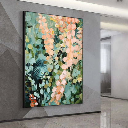 SECRET GARDEN: Vertical Abstract Floral Painting, Textured Green and Pink Garden, Living Room, Bedroom, Dining Room | gold frame stretched on neutral wall