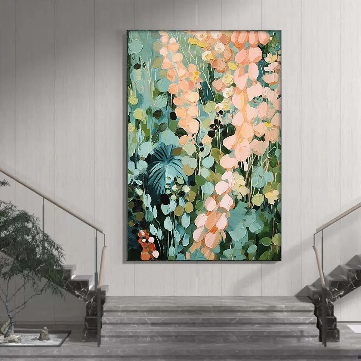 SECRET GARDEN: Vertical Abstract Floral Painting, Textured Green and Pink Garden, Living Room, Bedroom, Dining Room | black frame version on white wall