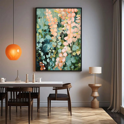 SECRET GARDEN: Vertical Abstract Floral Painting, Textured Green and Pink Garden, Living Room, Bedroom, Dining Room | Abstract mood, soft natural light studio shot