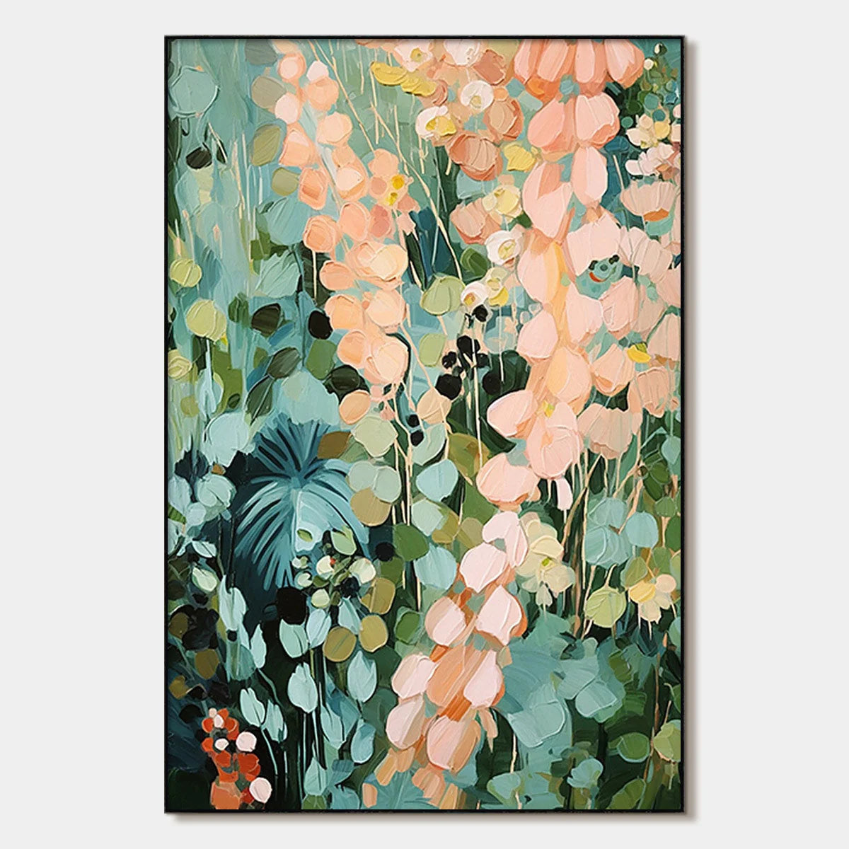 SECRET GARDEN: Vertical Abstract Floral Painting, Textured Green and Pink Garden, Living Room, Bedroom, Dining Room | hanging in living room, Abstract wall art