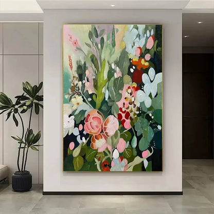 SECRET GARDEN: Vertical Floral Painting in Vibrant Colors | Abstract closeup, raised brushwork detail
