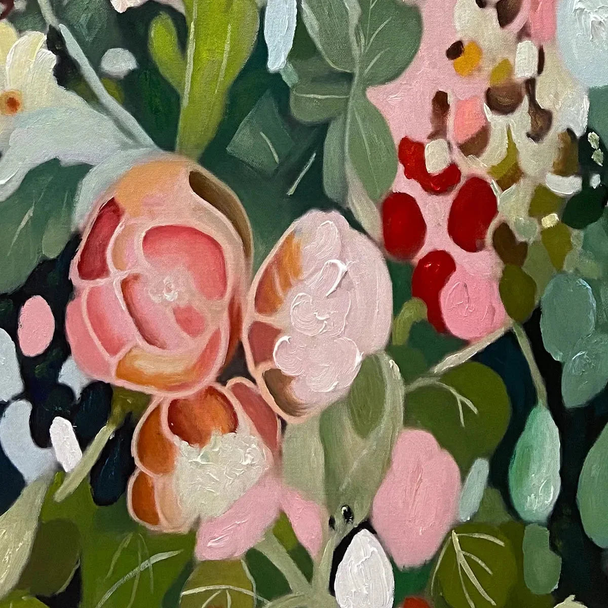 SECRET GARDEN: Vertical Floral Painting in Vibrant Colors | rectangular format, hand-painted canvas edge