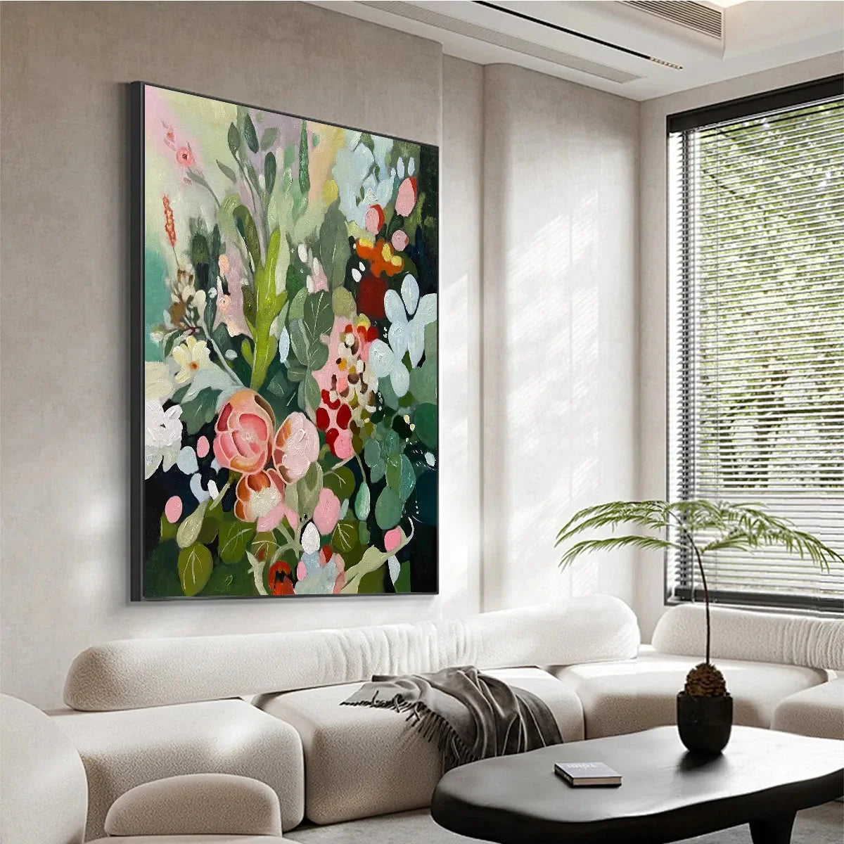 SECRET GARDEN: Vertical Floral Painting in Vibrant Colors | gold frame stretched on neutral wall