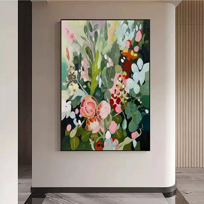 SECRET GARDEN: Vertical Floral Painting in Vibrant Colors | black frame version on white wall