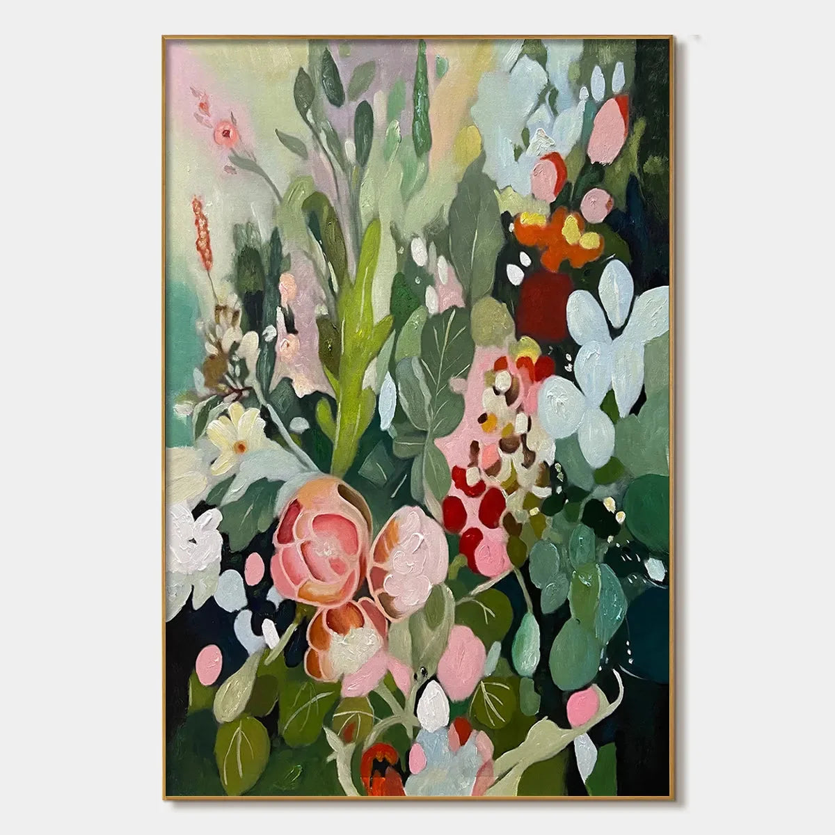 SECRET GARDEN: Vertical Floral Painting in Vibrant Colors | hanging in living room, Abstract wall art