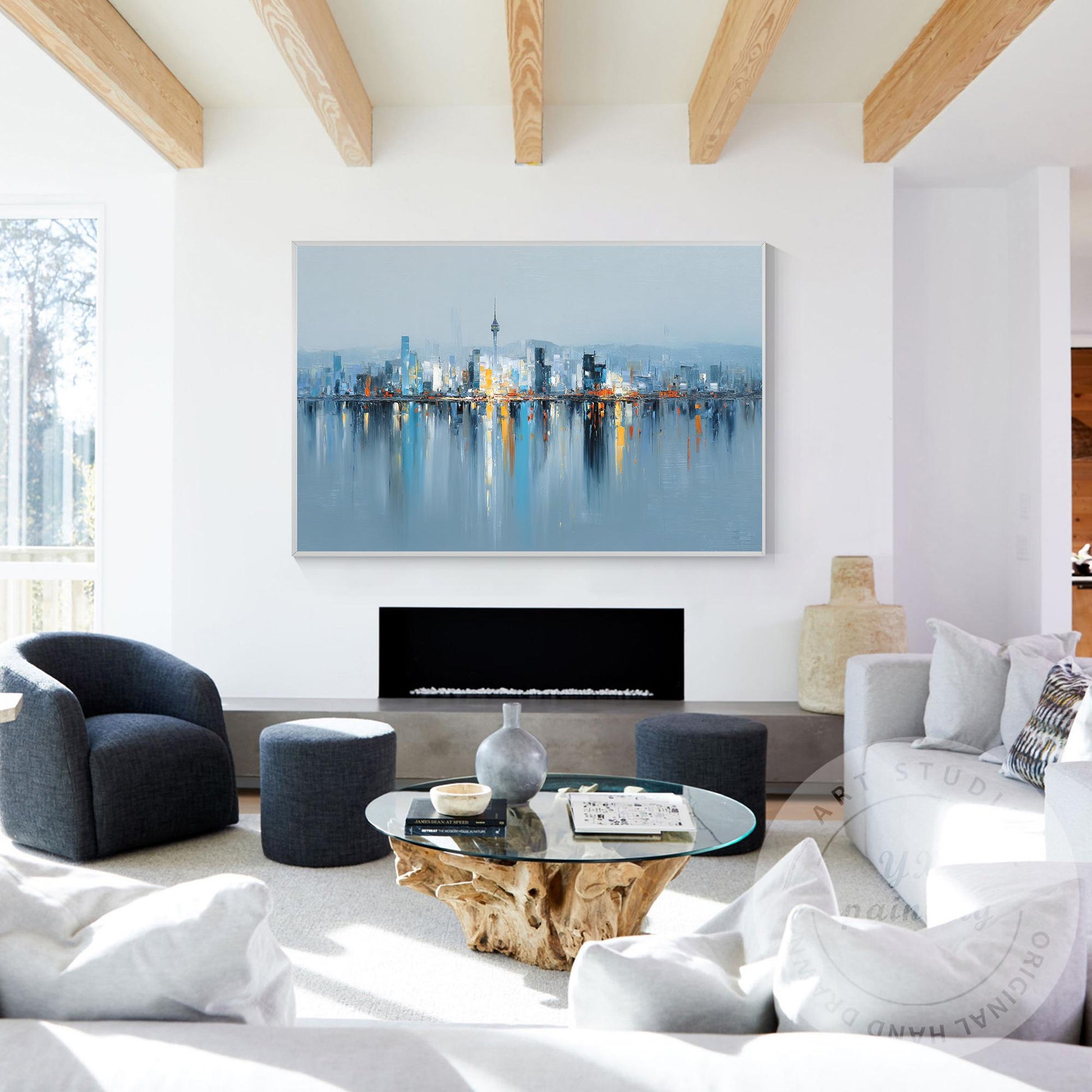 Seoul Cityscape Art, Extra Large Horizontal Abstract Painting, Modern Oversized  #2
