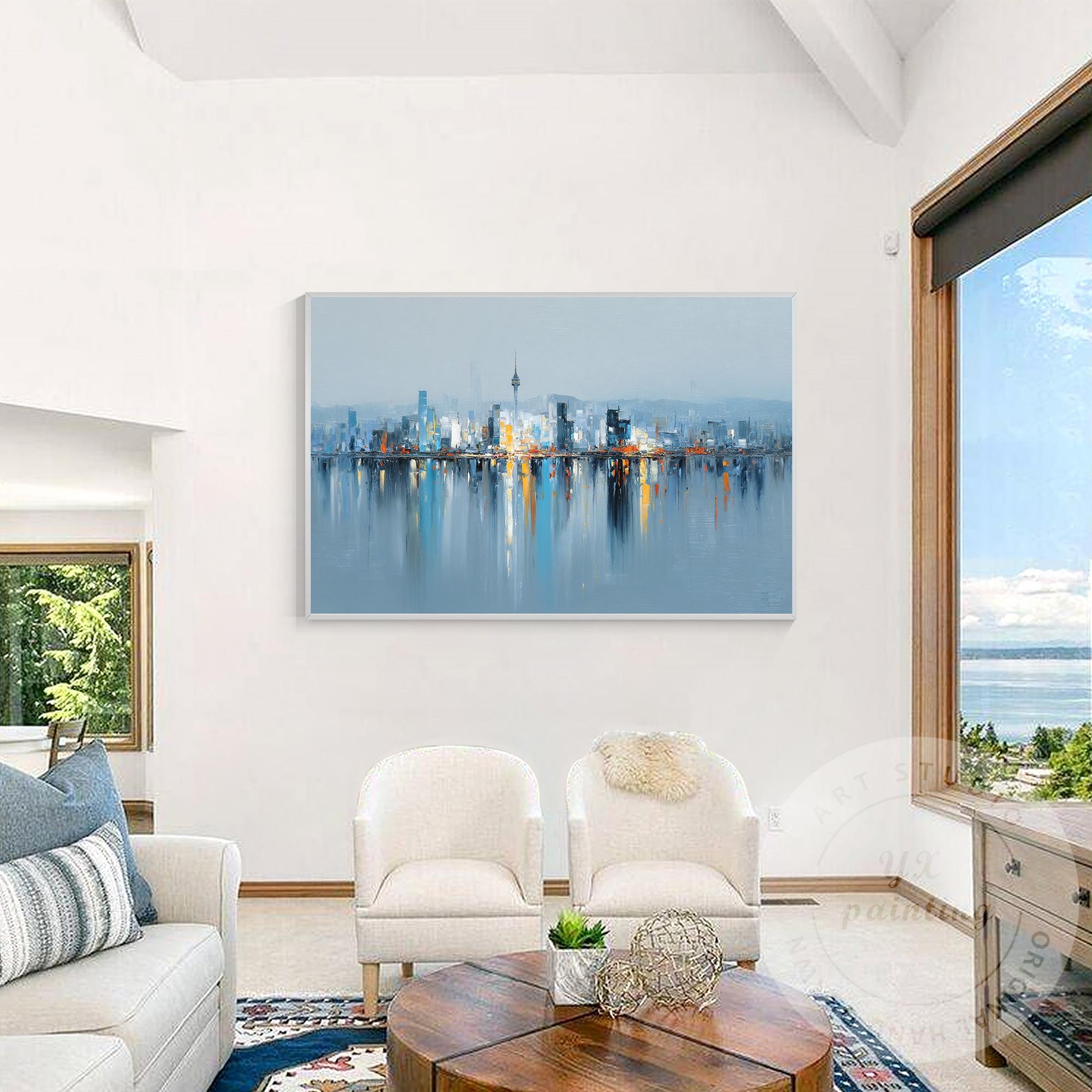 Seoul Cityscape Art, Extra Large Horizontal Abstract Painting, Modern Oversized  #5